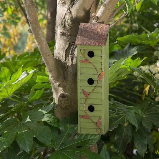 Glitzhome® 18" Green Window-Blinds Distressed Solid Wood Birdhouse
